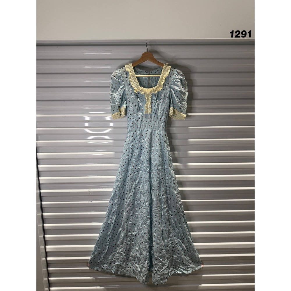 Vintage 1940's Seersucker Rose Floral Maxi Dress Lace Trim Prairie Cottagecore - Picture 2 of 7
